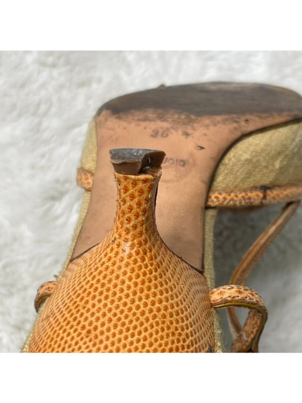 Vintage Prada Slingback Mules Size 36 Orange Snakeskin Leather Buckle Kitten Hee - Picture 6 of 15